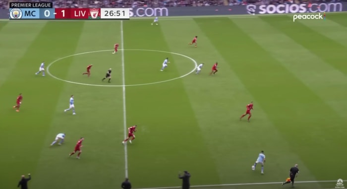 Man City’s Riyad Mahrez dribbles into space against Liverpool.